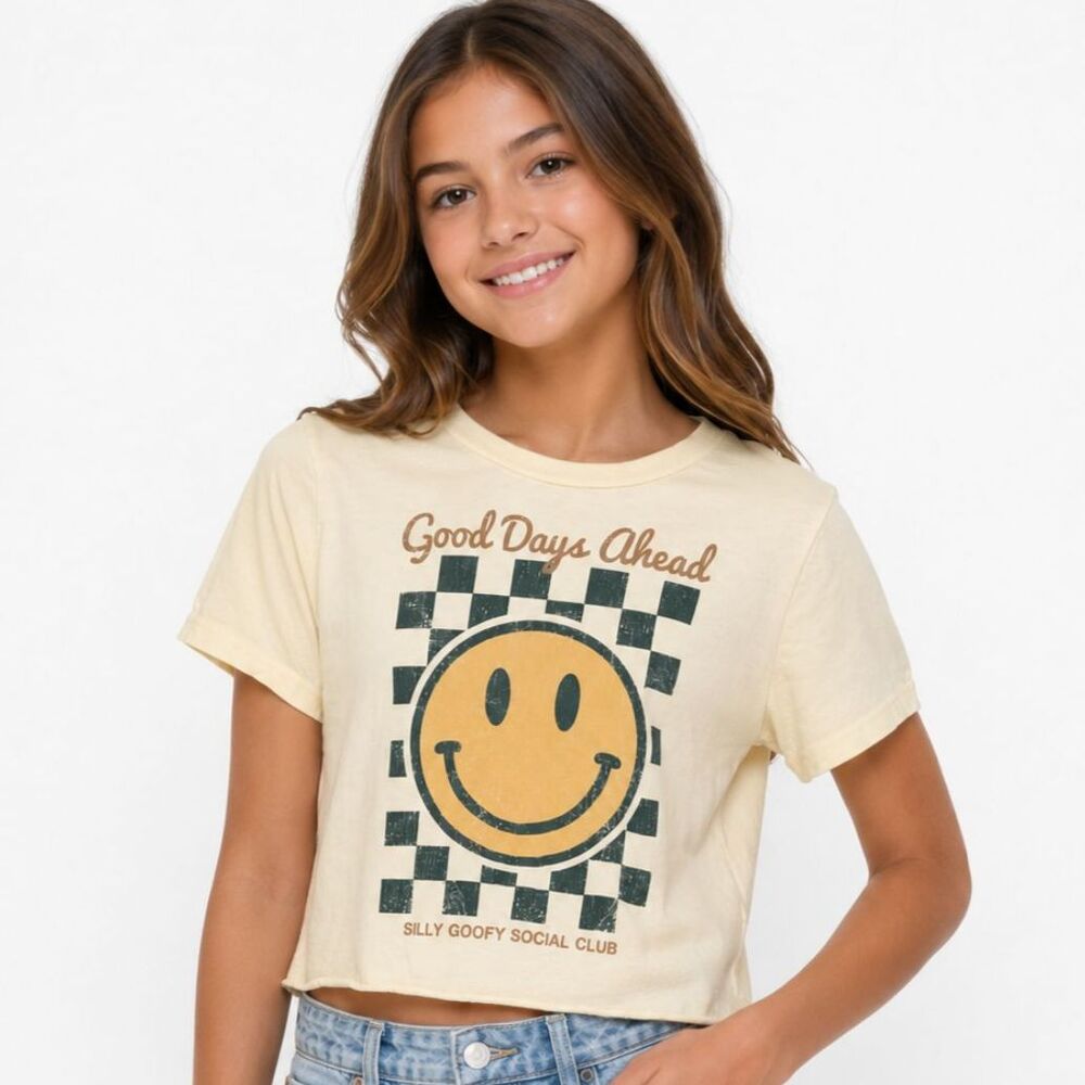 Originality Good Days Ahead Smiley Face Cropped Graphic Tee Cream XL Made in USA